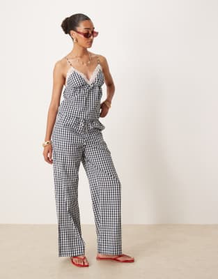 Nia Nia khonny gingham wide leg trousers in navy