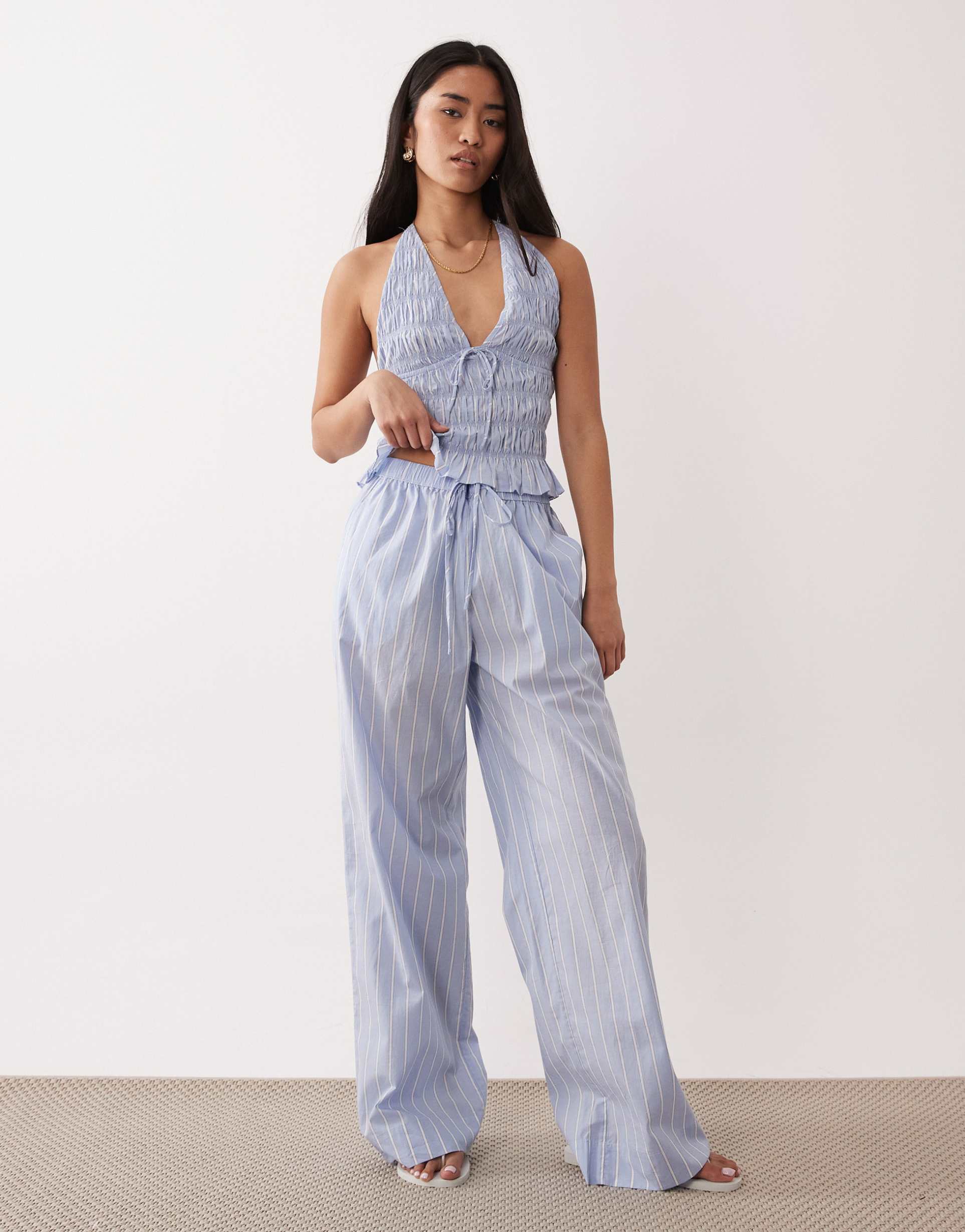 nia khonny wide leg pants in blue stripes