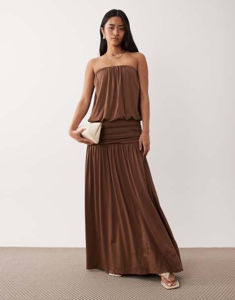 NIA La Cienega strapless dropped waist maxi dress in tan - view 1