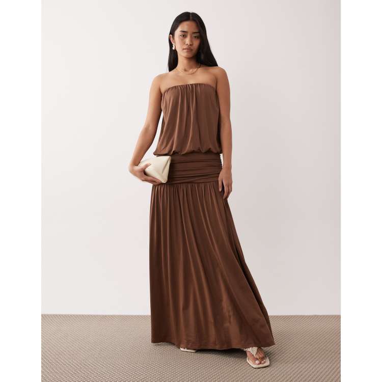 NIA La Cienega strapless dropped waist maxi dress in tan | ASOS