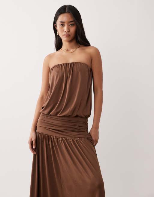 NIA La Cienega strapless dropped waist maxi dress in tan | ASOS