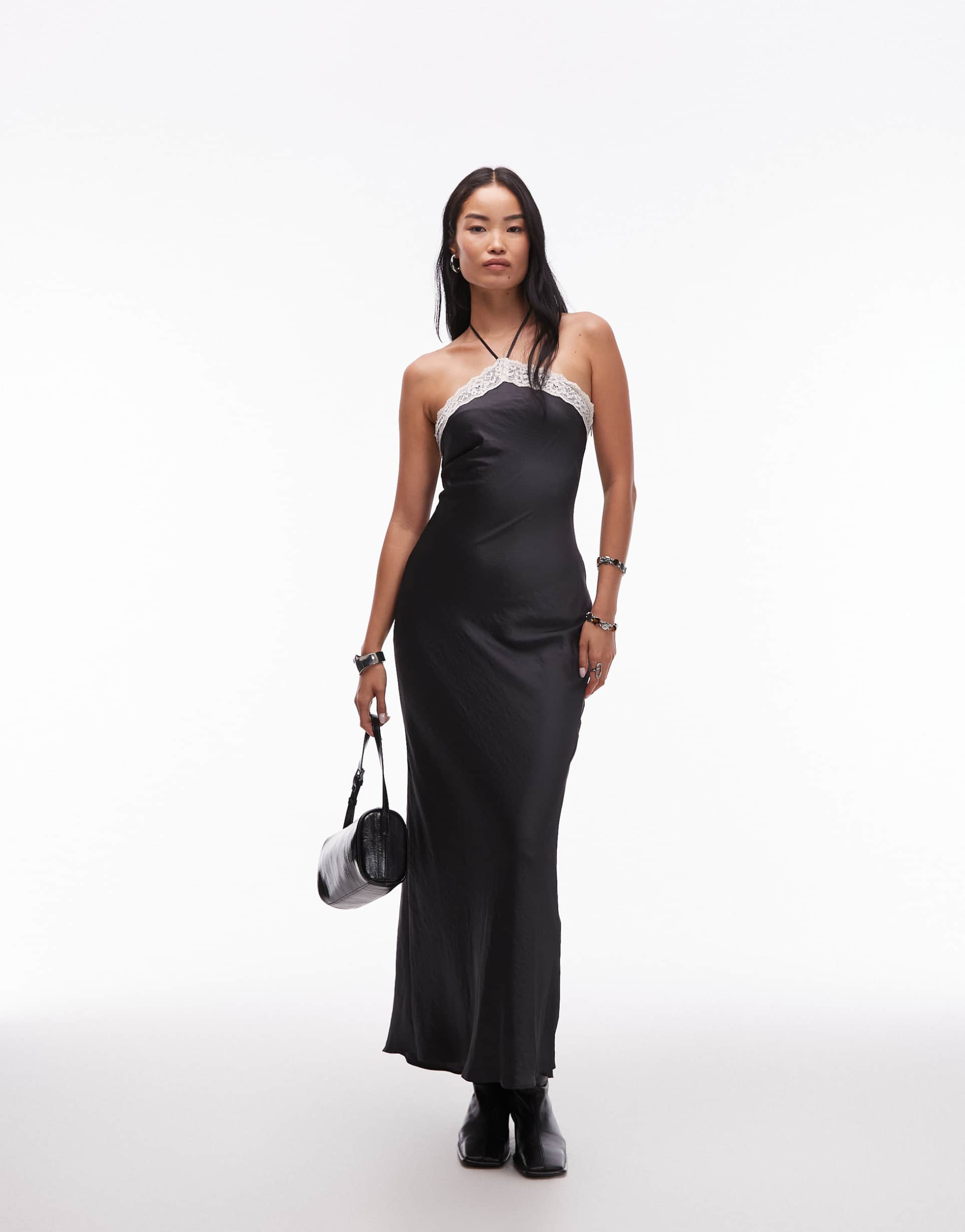 nia lace halter neck dress in black