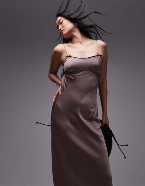 Nia lee satin bow detail cami maxi dress in taupe - view 1