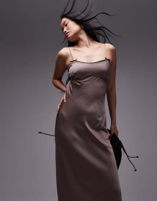 Nia Lee satin bow detail cami maxi dress in taupe