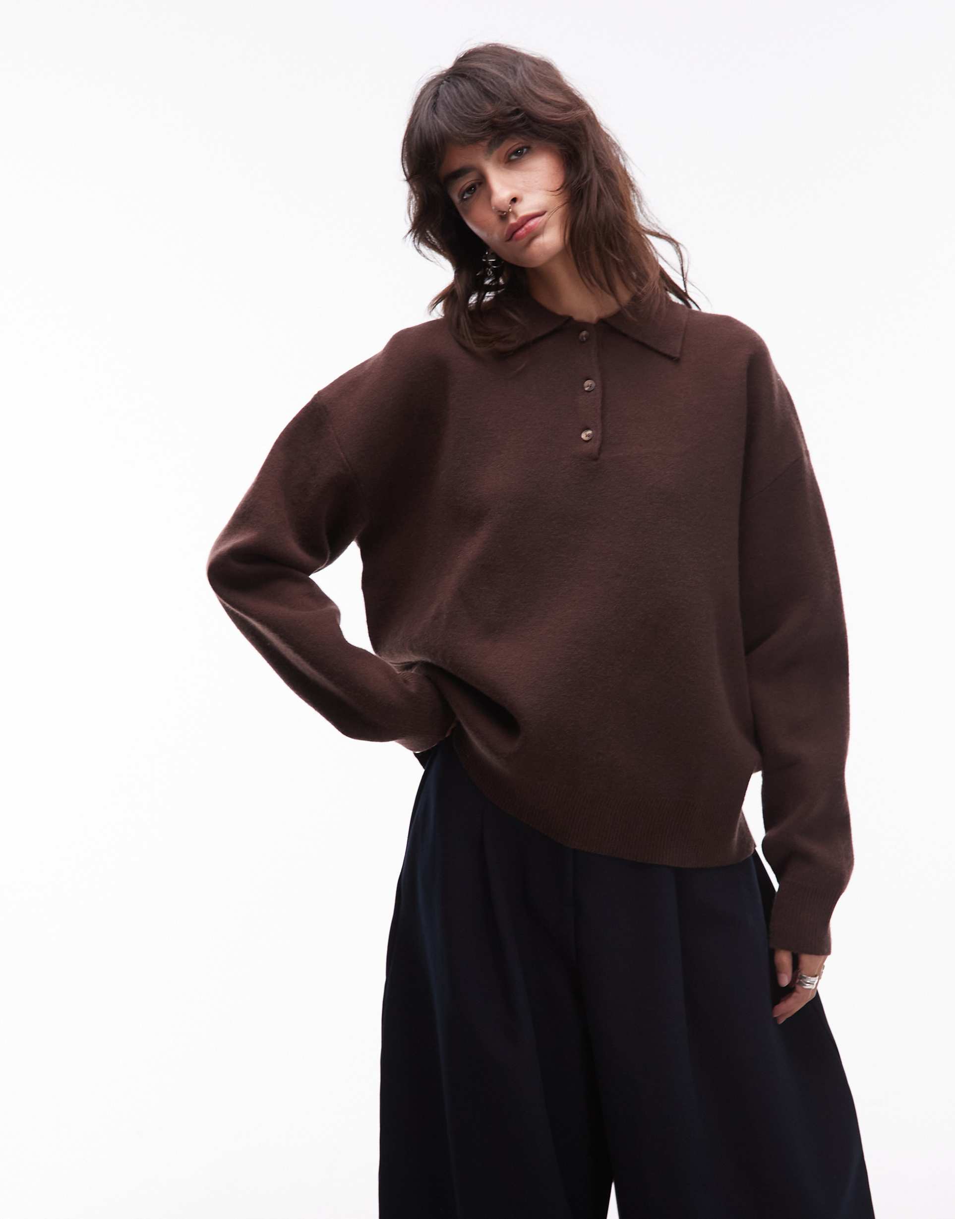 nia marlowe long sleeve collared sweater in brown
