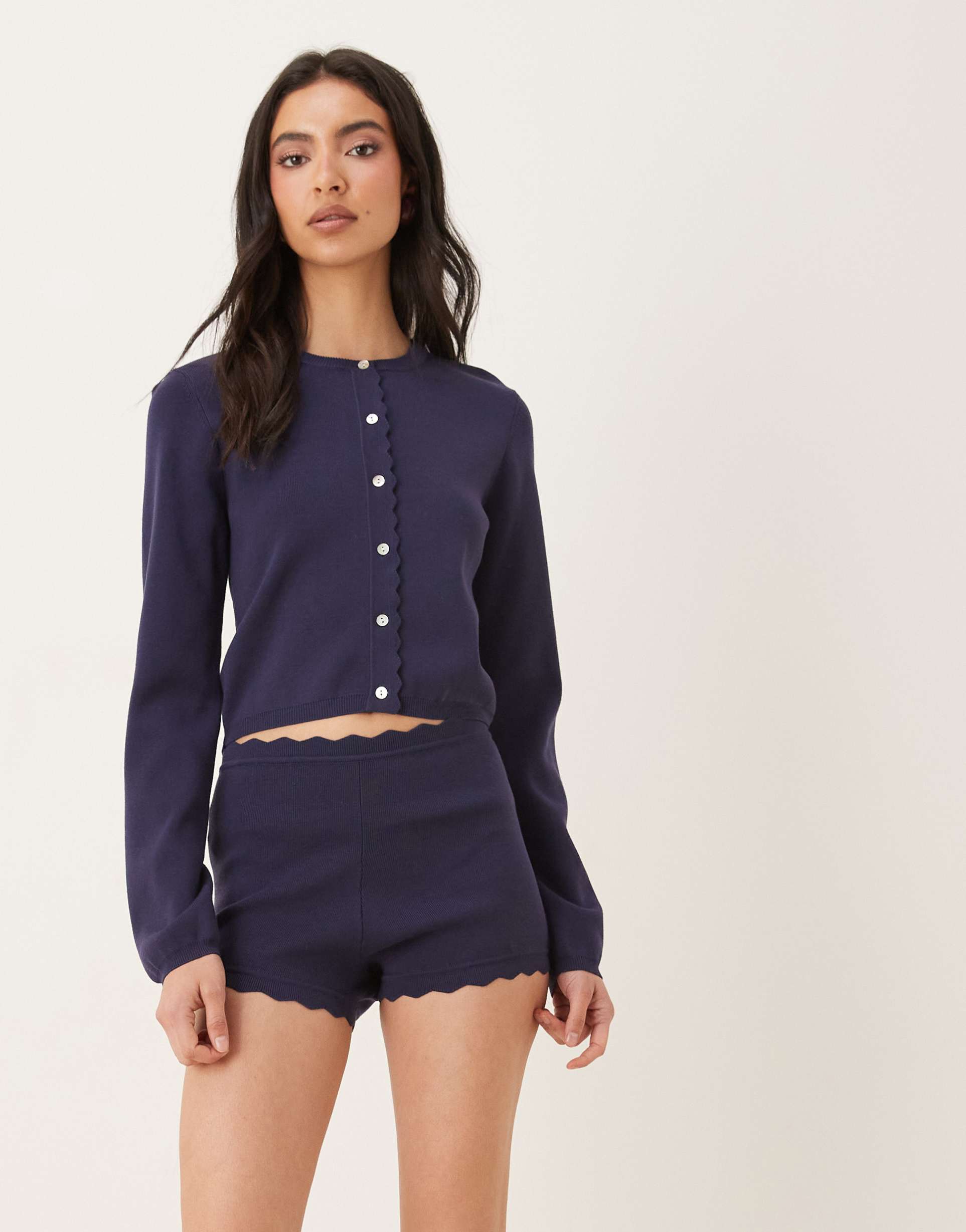 nia mazzy knit scallop edged shorts in navy - part of a set