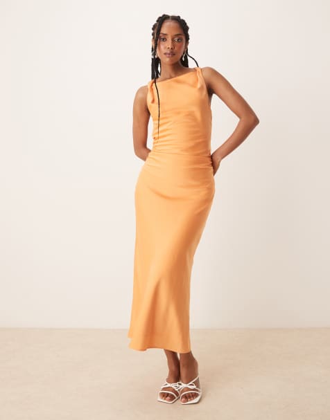 Nia meyer satin twist shoulder midaxi dress in melon - view 1