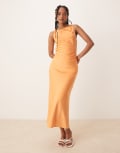 [Nia] Nia Meyer satin twist shoulder midaxi dress in melon-Orange S Melon