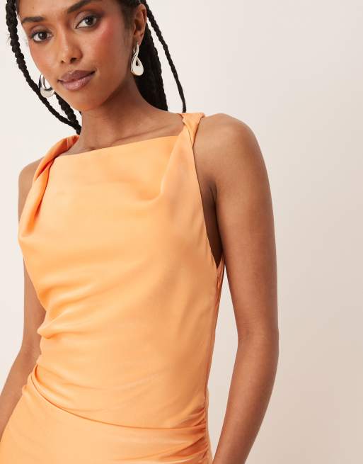 Nia Meyer satin twist shoulder midaxi dress in melon, 3 of 4