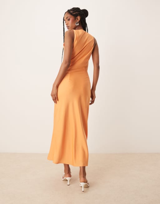 Nia meyer satin twist shoulder midaxi dress in melon | ASOS