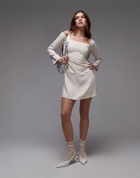 Nia moira structured off-shoulder long sleeve mini dress in stone - view 1