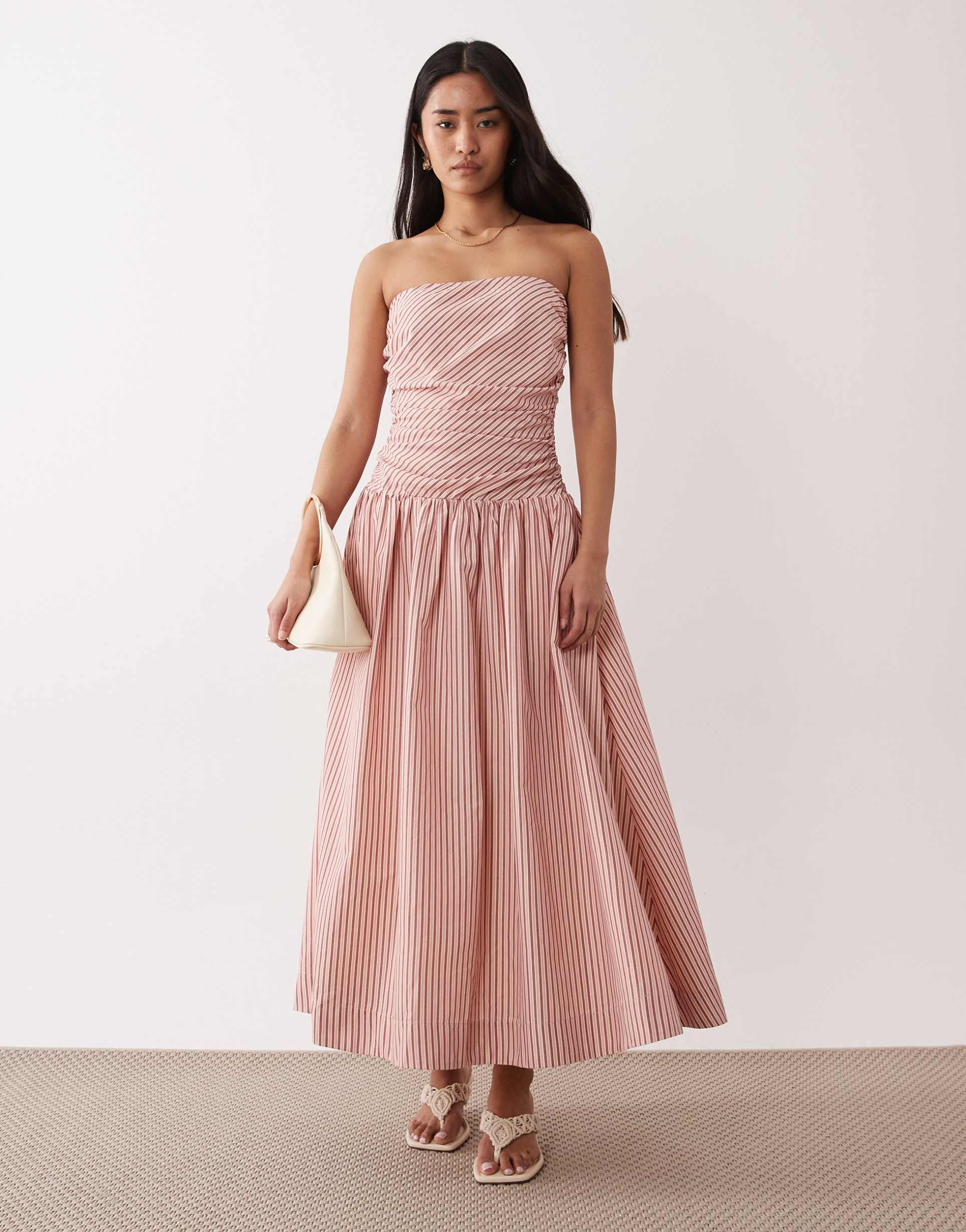 nia mullholland strapless midaxi dress in red stripes