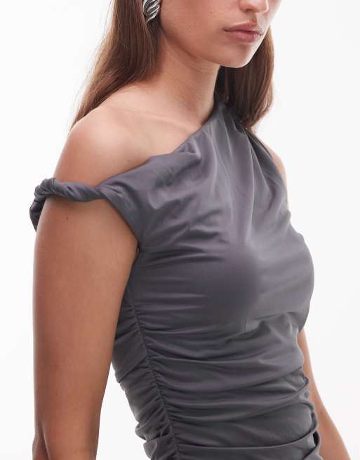 NIA Nola off the shoulder twist mini dress in grey, 3 of 4