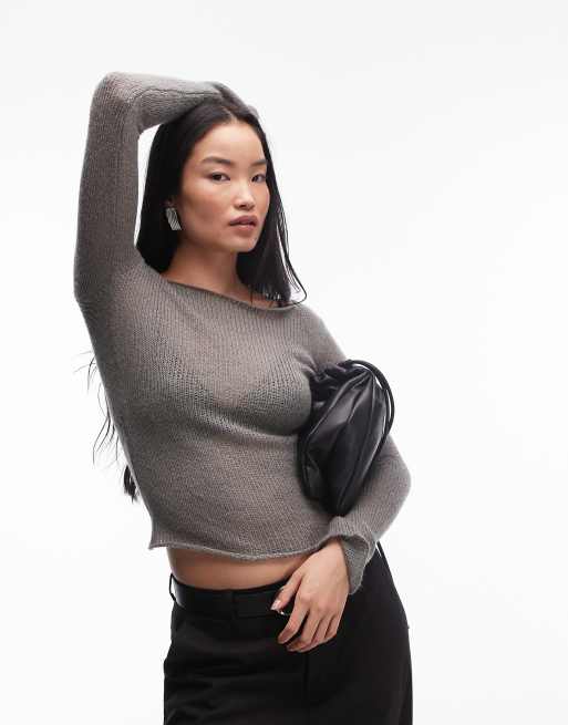Nia olive fine gauge off-shoulder jumper in charcoal