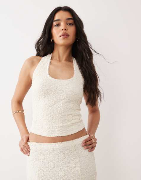 NIA Olive halter neck lace top in ivory - view 1