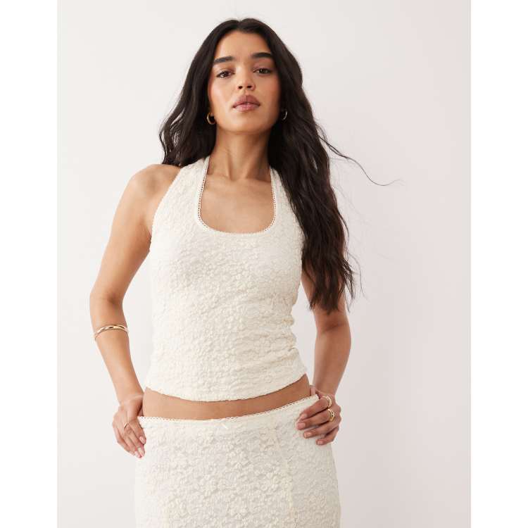 NIA Olive halter neck lace top in ivory | ASOS