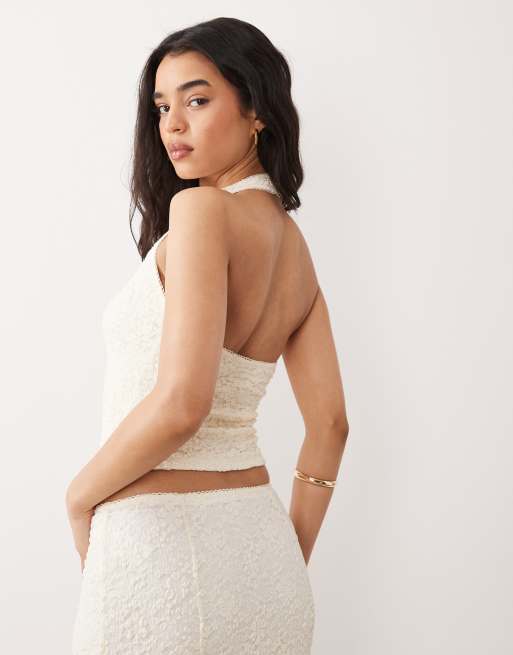 NIA Olive halter neck lace top in ivory | ASOS