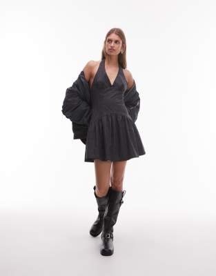 NIA Ollie halter neck pinstripe dress in back-Black