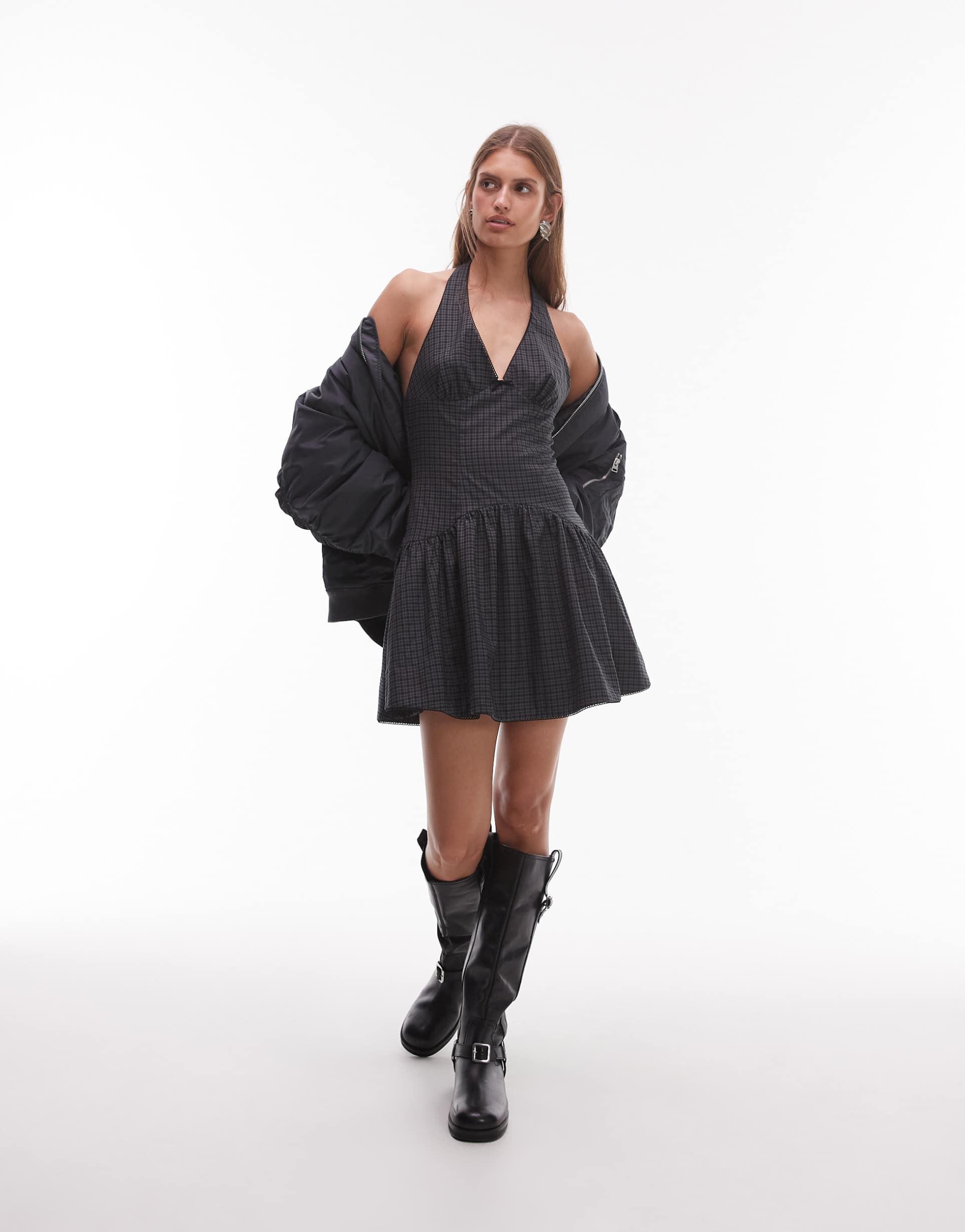 nia ollie halter neck pinstripe dress in black