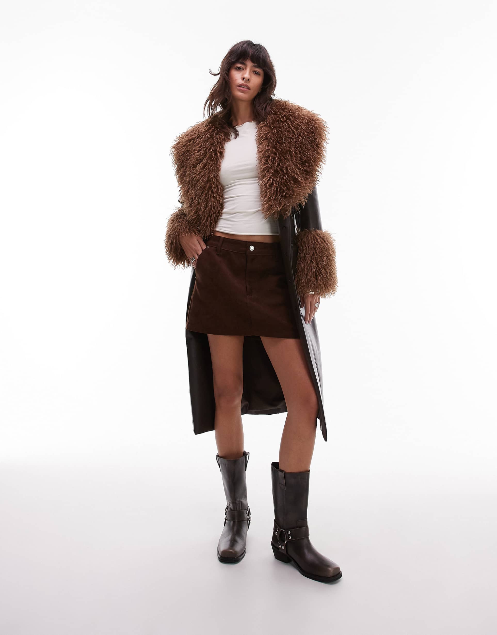nia orla faux fur collared longline jacket in brown