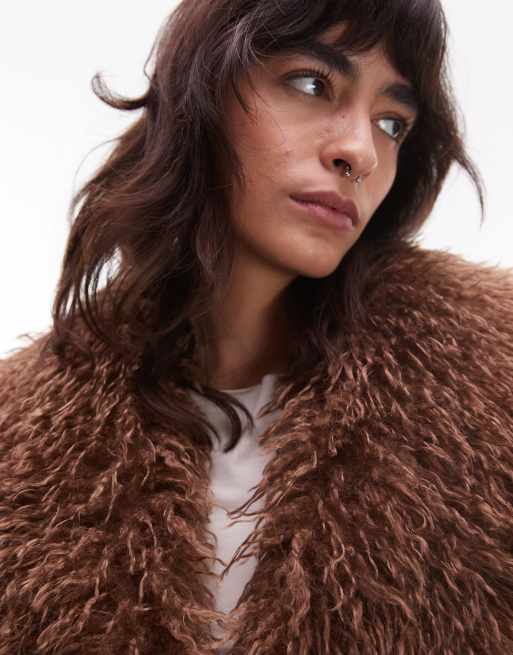 NIA Orla faux fur collared longline jacket in brown, 2 of 4