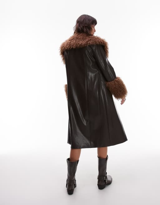 NIA Orla faux fur collared longline jacket in brown, 3 of 4