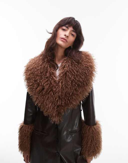 NIA Orla faux fur collared longline jacket in brown | ASOS