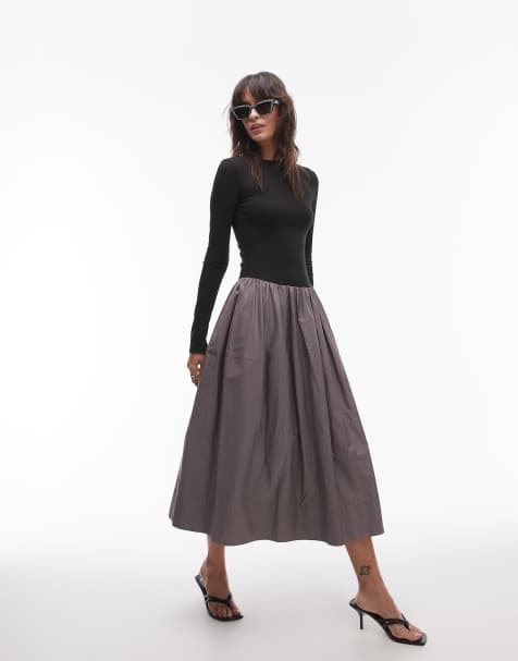 Nia pixi long sleeve volume midaxi dress in black and grey