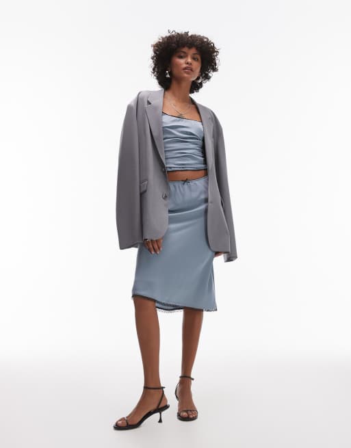 Nia Quinn bow detail satin midi skirt in slate blue (part of a set)