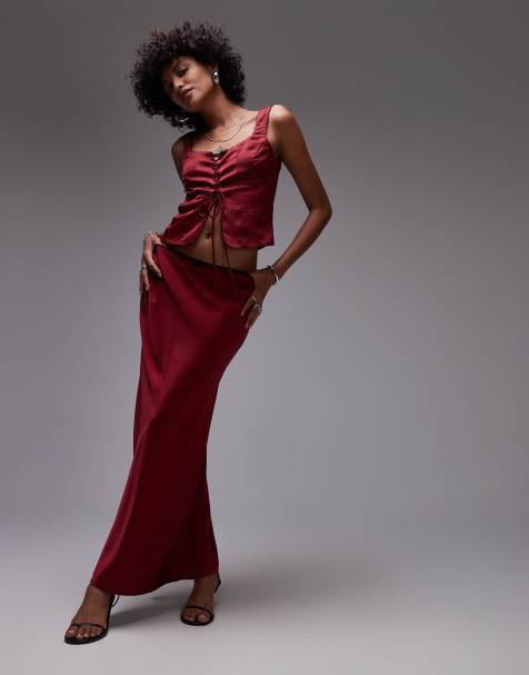 Nia ravello satin maxi skirt co-ord in garnet red