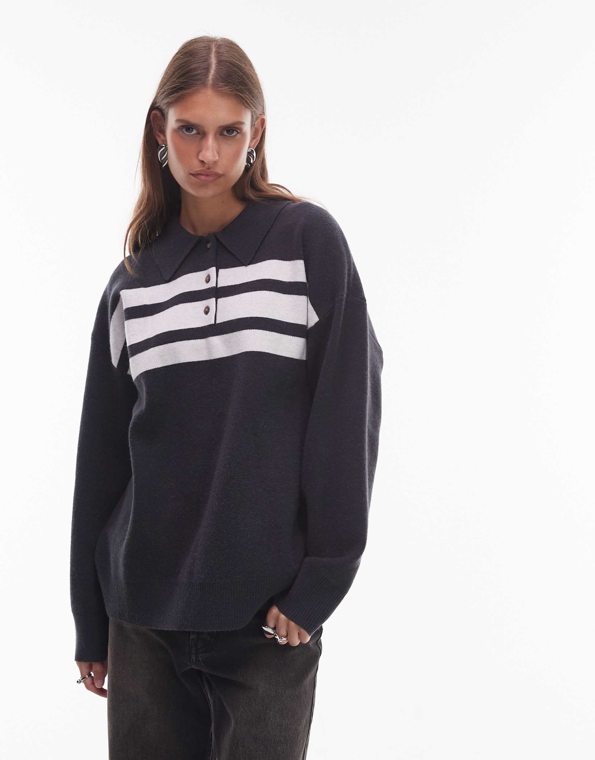 nia rivka polo collared striped sweater in charcoal