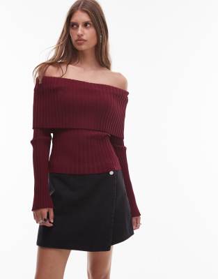 Nia Saffron Off Shoulder Long Sleeve Sweater In Brown