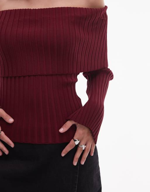 NIA Saffron off shoulder long sleeve sweater in burgundy, 2 of 4
