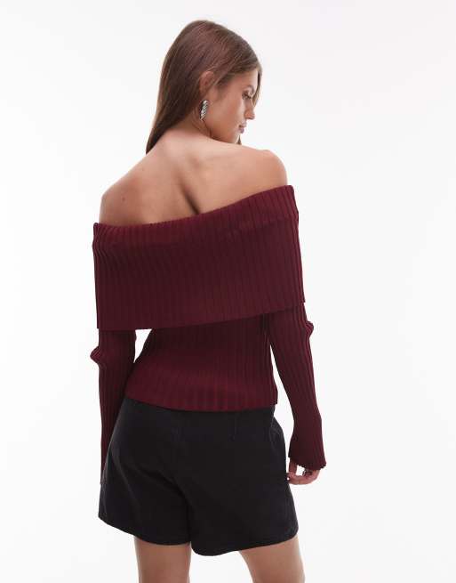NIA Saffron off shoulder long sleeve sweater in burgundy, 4 of 4