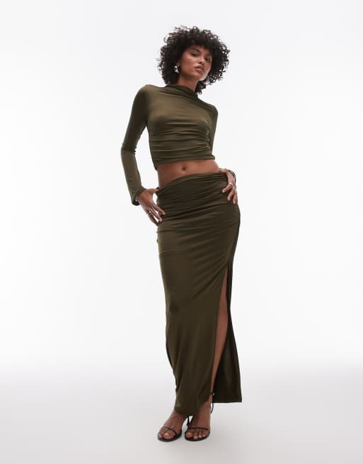 Nia Selena slinky maxi skirt in olive (part of a set)