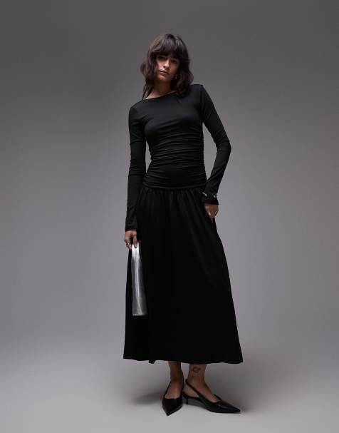 Nia Sera slinky long sleeve ruched midaxi dress in black - view 1