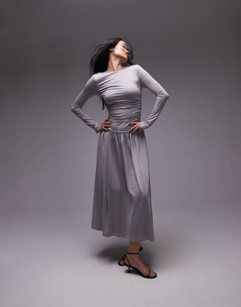Nia sera slinky long sleeve ruched midaxi dress in french grey - view 1