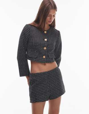 Nia Seren Cropped Boucle Button Up Jacket In Black