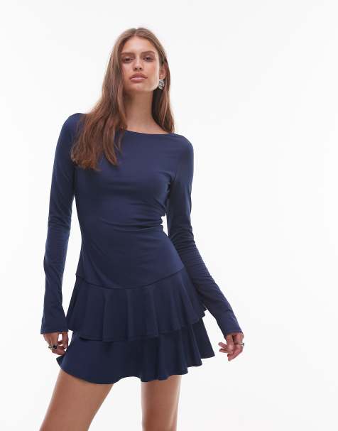 NIA Sienna boat neck long sleeve slinky mini dress in navy - view 1