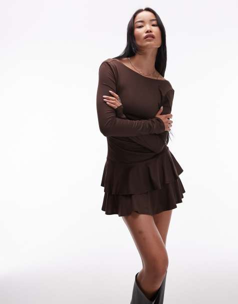 NIA Sienna long sleeve slinky dress in brown