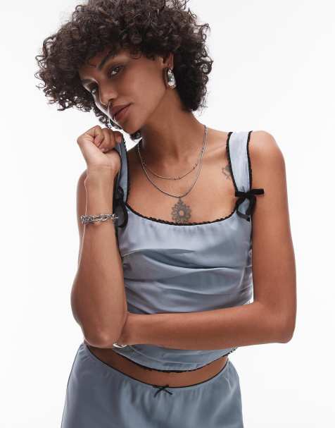 Nia stan bow detail ruched corset top co-ord in slate blue - view 1