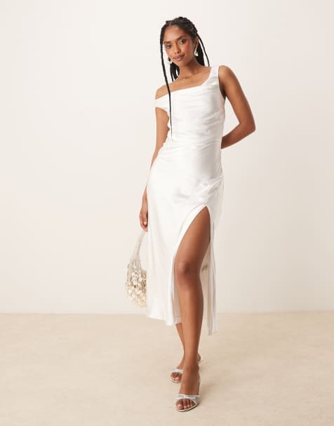 Nia tori off-shoulder satin midaxi dress in white
