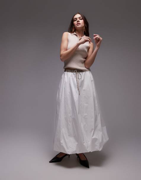 Nia victoria contrast waistband midi puffball skirt in white and taupe