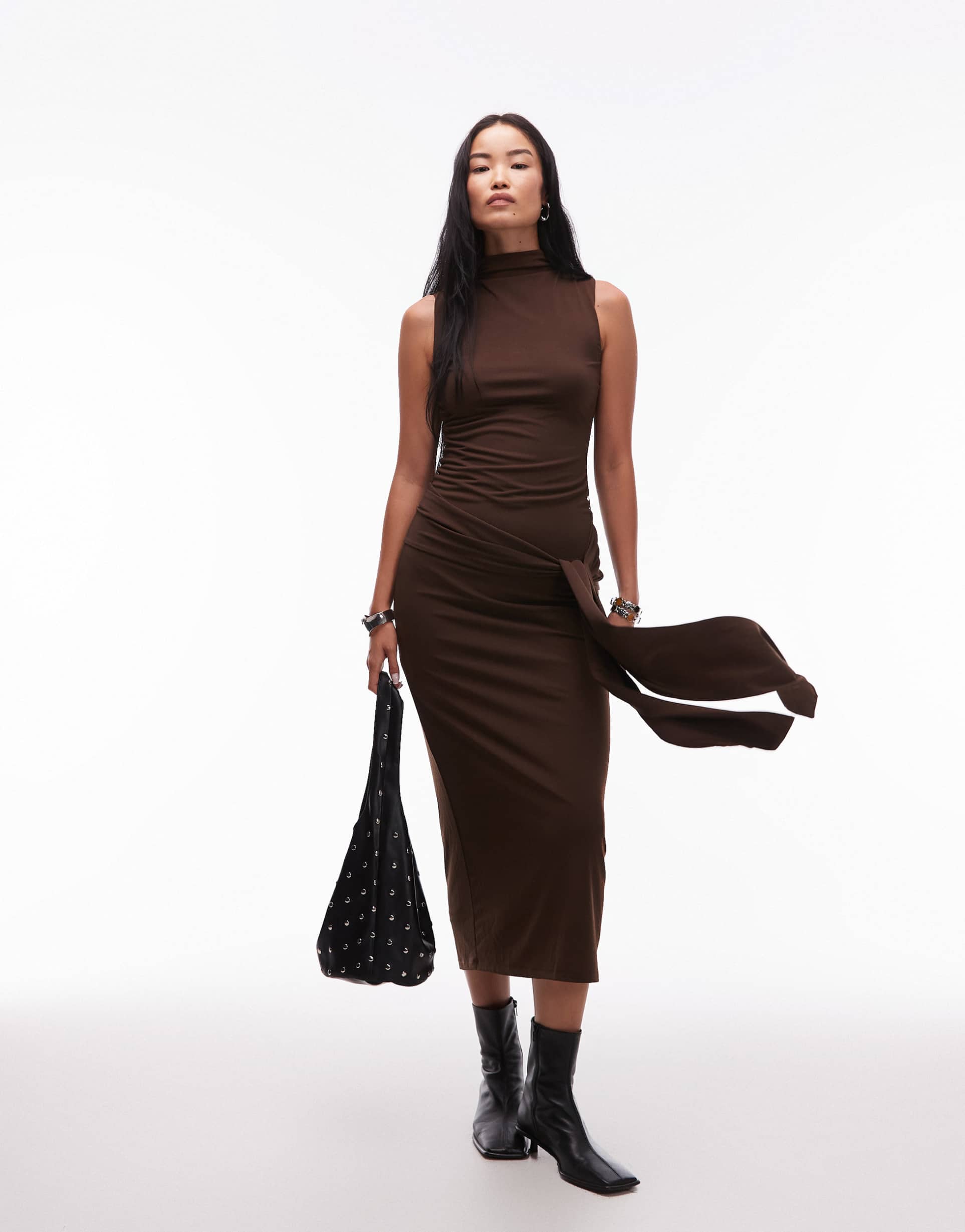nia victoria high neck slinky midaxi dress in espresso