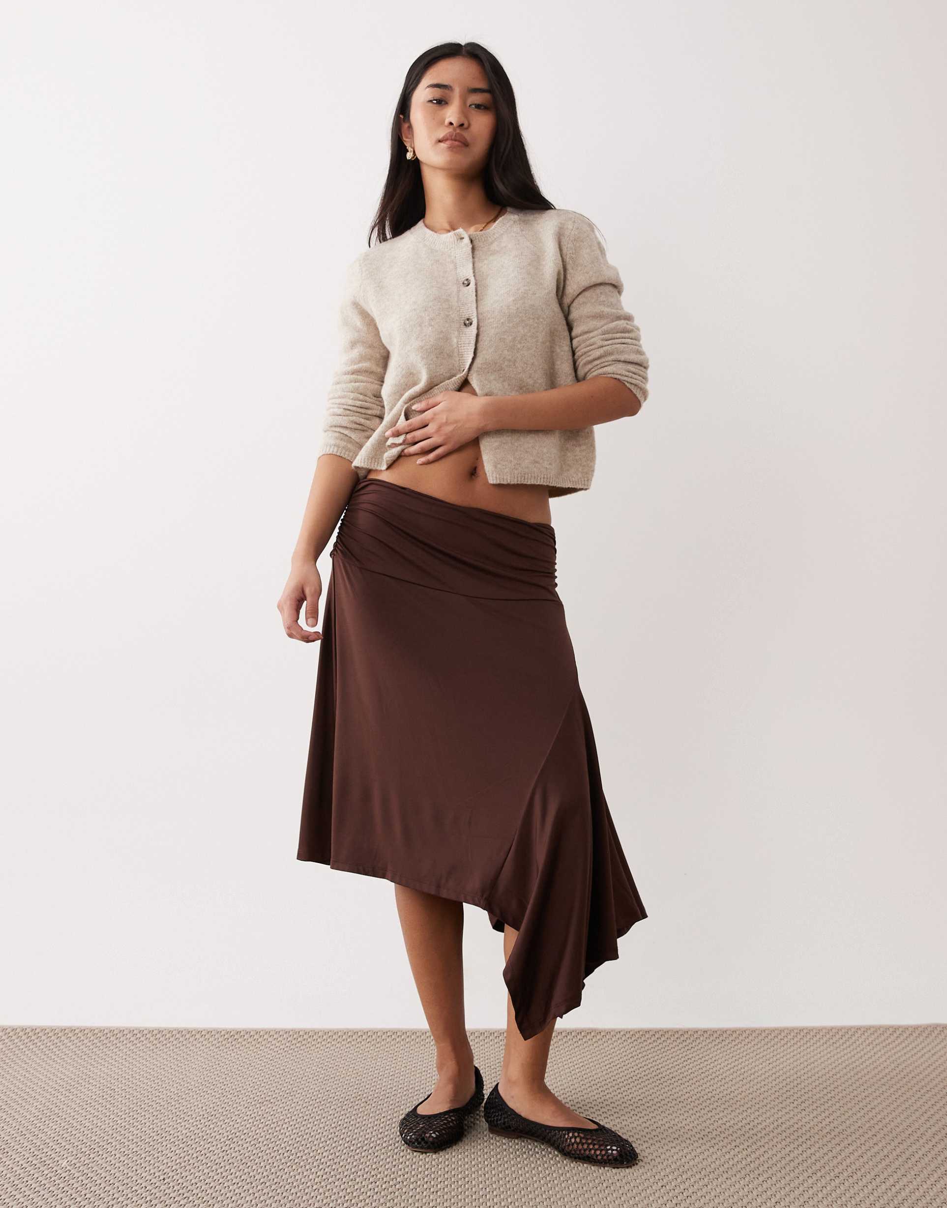 nia vine midaxi slinky ruffle detail skirt in chocolate brown