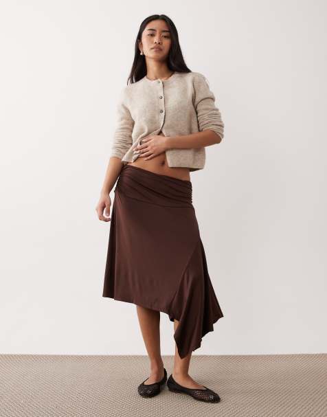 NIA Vine midaxi slinky ruffle detail skirt in chocolate brown