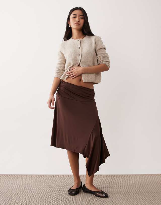 NIA Vine midaxi slinky ruffle detail skirt in chocolate brown | ASOS