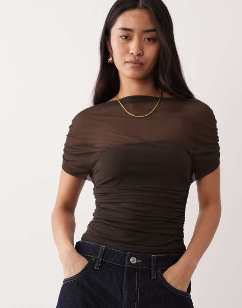 NIA Yale mesh boat neck bandau style top in chocolate brown - view 1