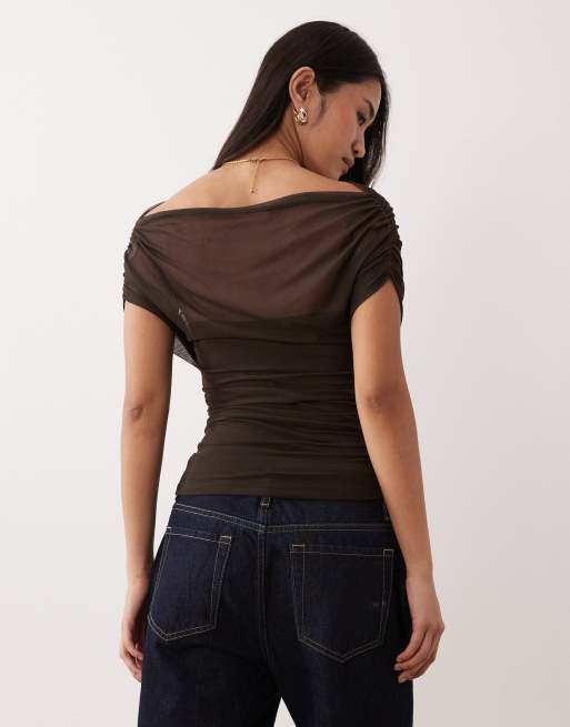 NIA Yale mesh boat neck bandau style top in chocolate brown, 4 of 4