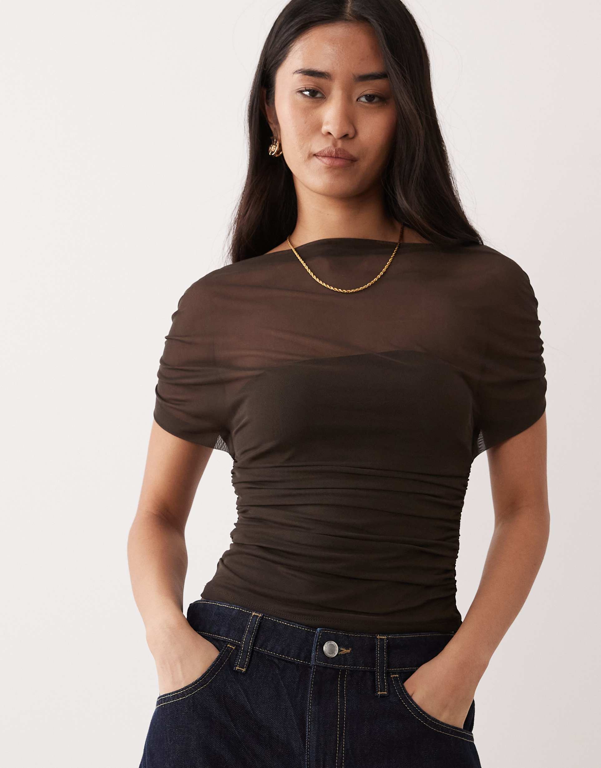 nia yale mesh boat neck bandeau style top in chocolate brown